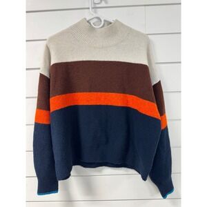 HM Colorblock Striped Mock Neck Sweater Navy Brown Orange Cream Large